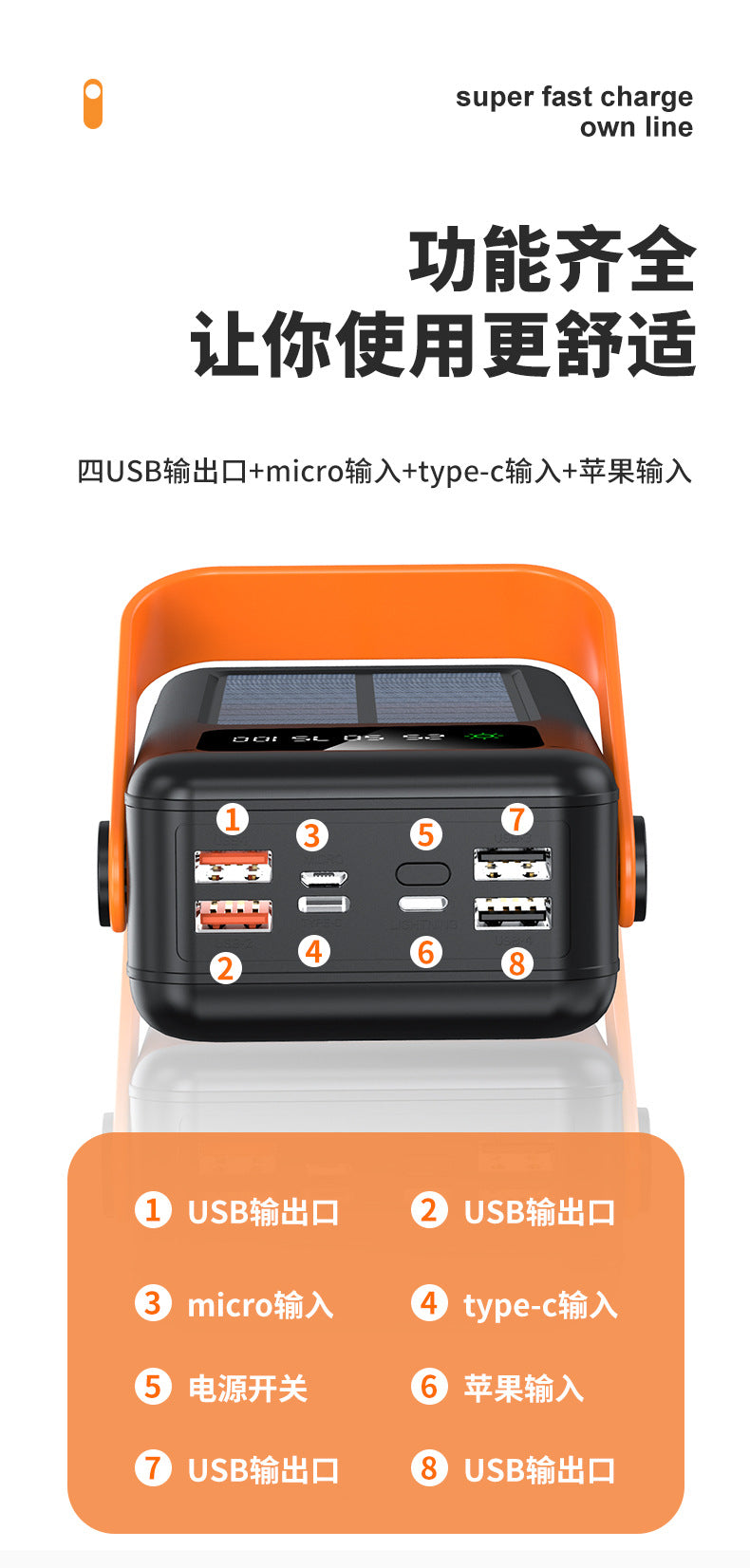 KC Cross-border Solar Energy3c Certified Power Bank with Cable50000mAh large capacity portable power bank customization