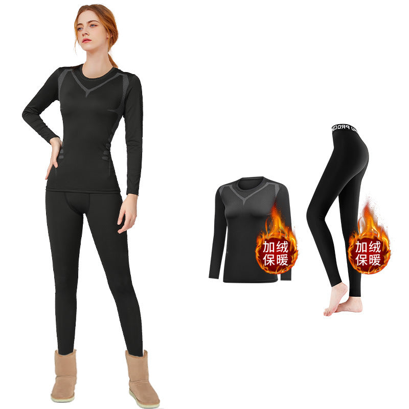 Quick-drying clothes women's thermal underwear compression velvet tight backing outdoor skiing yoga top fitness sports suit