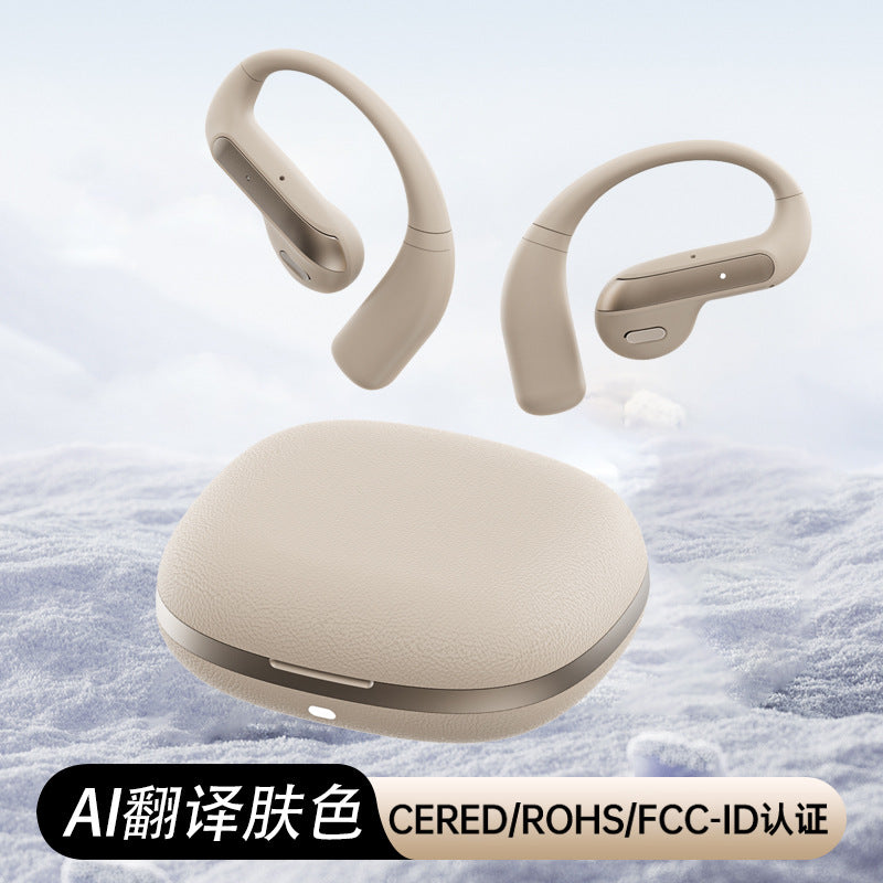 New AI smart bluetooth headset half-in-ear open hanging ear YJ-55 sports simultaneous translation imitation leather texture