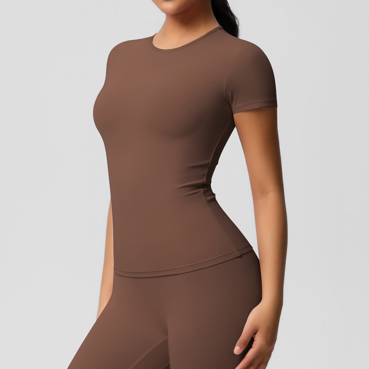 Cross-border European and American yoga pants solid color long-sleeved skin-friendly and breathable back sports short-sleeved slim and thin fitness pants set