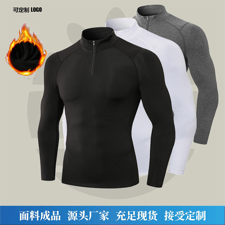 Cross-border autumn and winter solid color velvet gym clothes high elastic tight stand-up collar half zipper men's T-shirt outdoor running sportswear