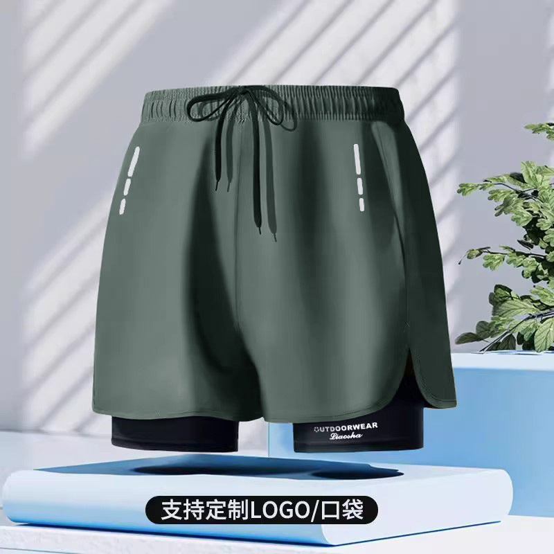 Sports shorts men's loose five-point lined double-layer fake two-piece outdoor swimming running shorts men's autumn wholesale