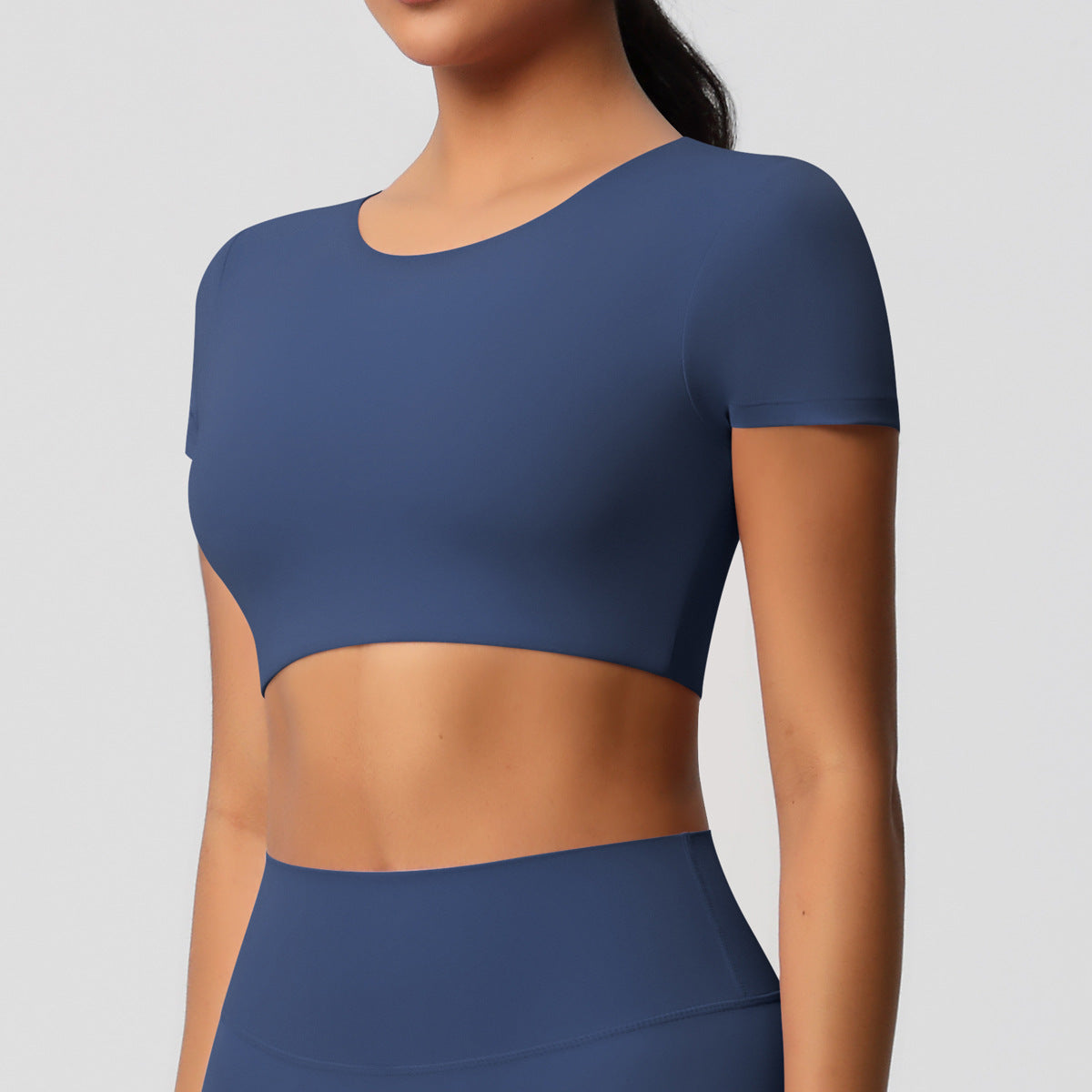 Cross-border European and American yoga pants solid color long-sleeved skin-friendly and breathable back sports short-sleeved slim and thin fitness pants set