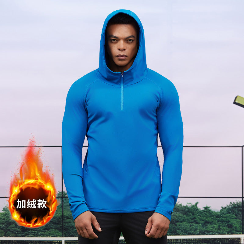 Men's fleece sports sweater autumn and winter hooded semi-zipper gym wear outdoor casual tights windproof sportswear