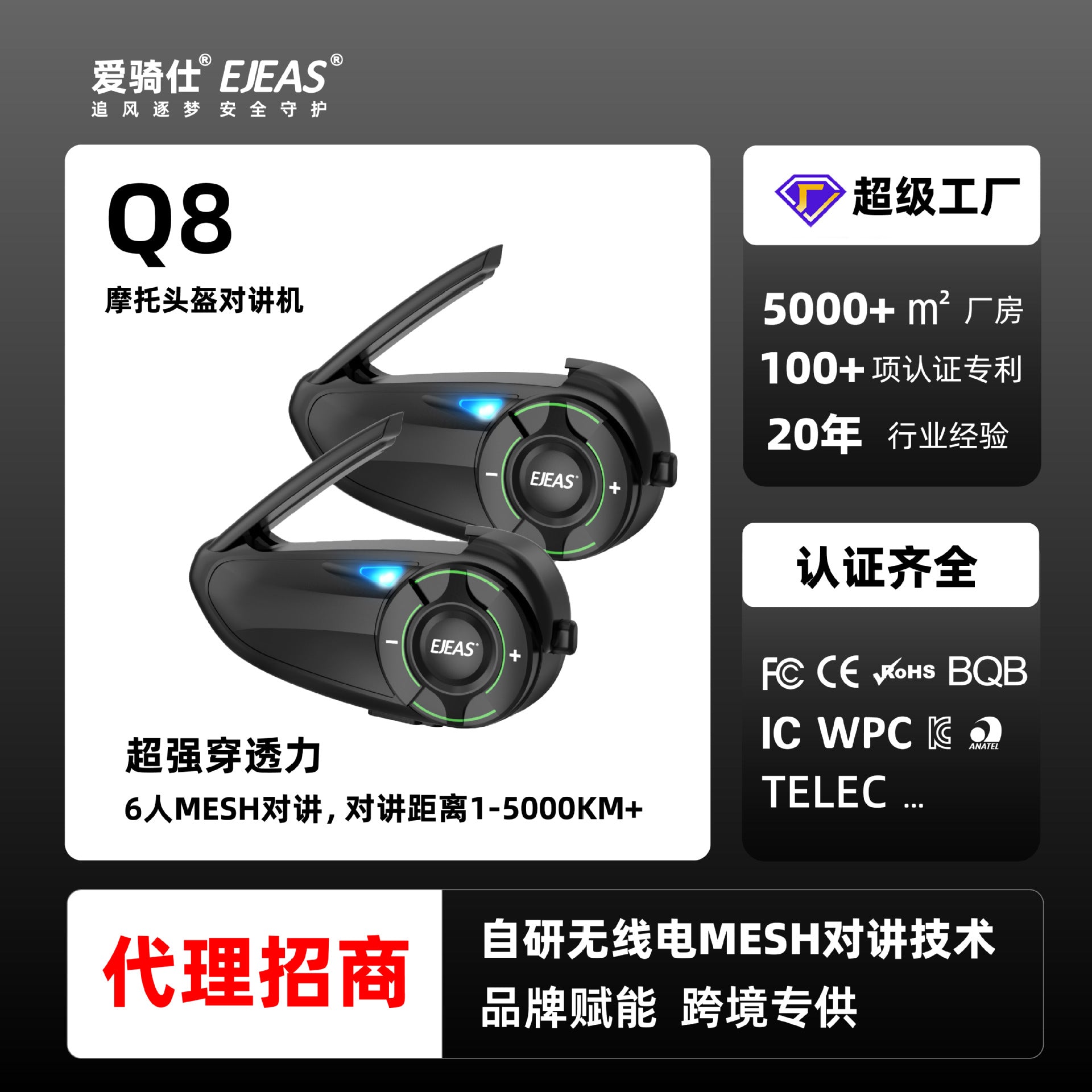 EJEAS Motorcycle Helmet Headset Mesh3.0 Mesh Intercom Technology 1000M Intercom Distance Support Co-tone