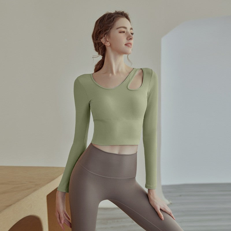 Gym Pilates training yoga T-shirt with chest pad women's autumn running top quick-drying sportswear long sleeves