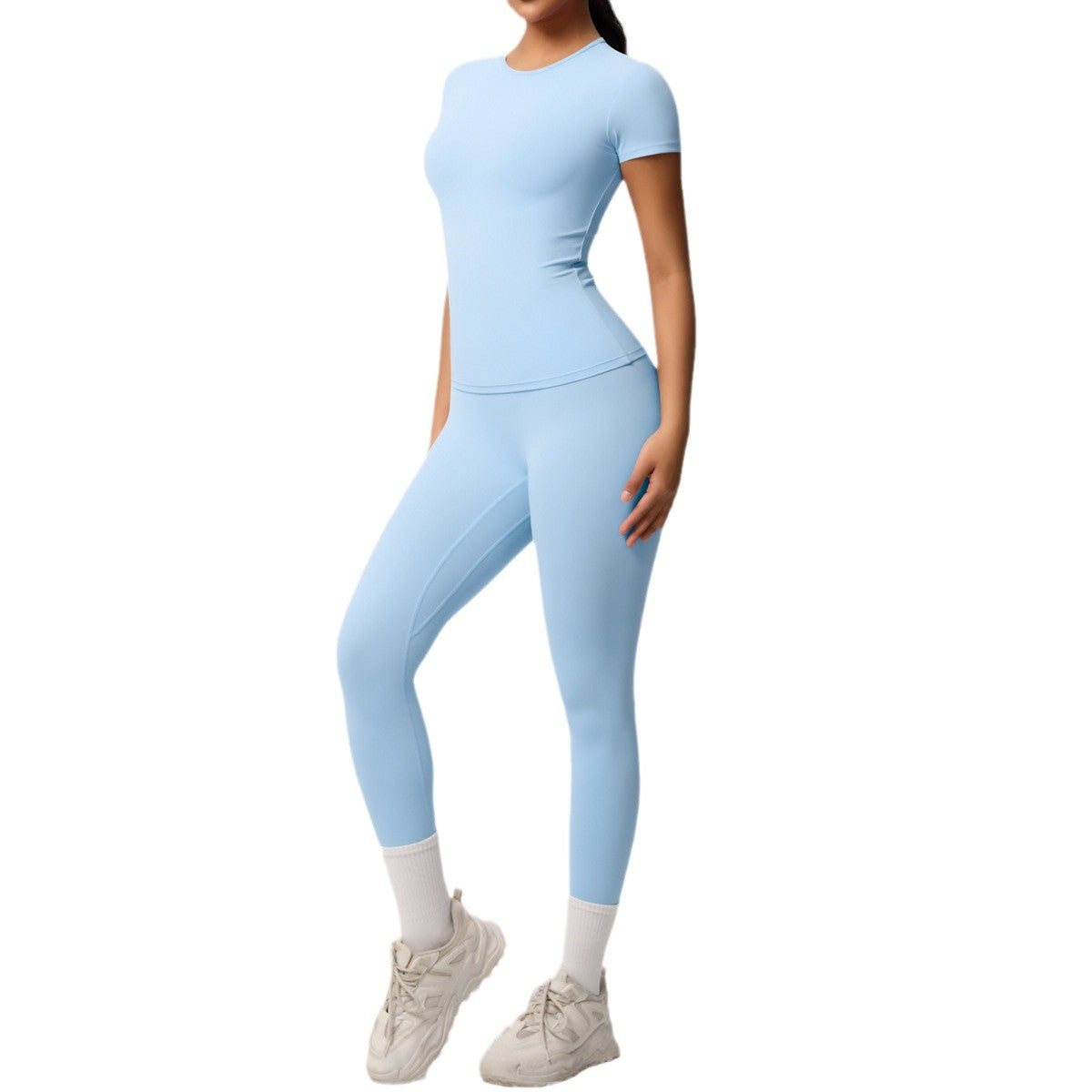 Cross-border European and American yoga pants solid color long-sleeved skin-friendly and breathable back sports short-sleeved slim and thin fitness pants set