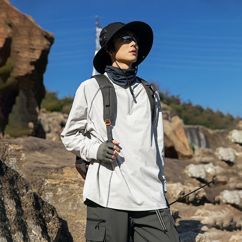 American outdoor semi-zipper quick-drying long-sleeved t-shirt men's summer loose sports sunscreen breathable boys on clothes