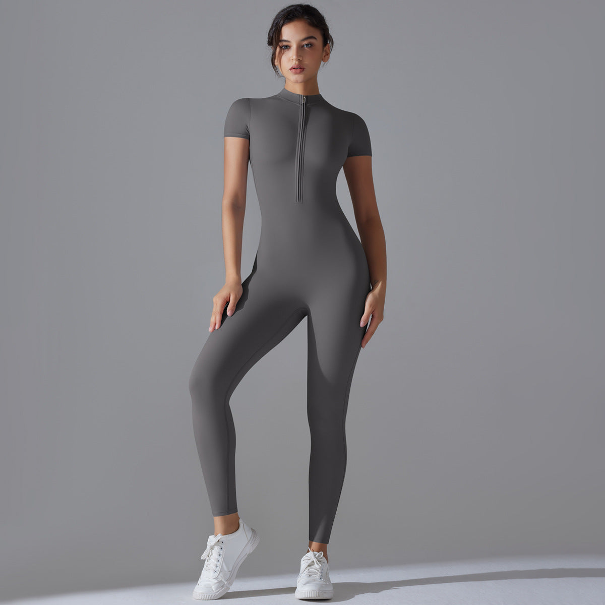 European and American nude zipper short-sleeved yoga clothes onesie quick-drying breathable outdoor sports tight onesie fitness clothes