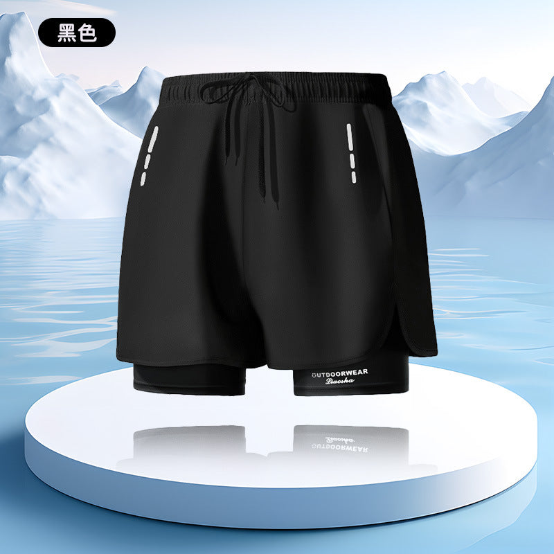 Sports shorts men's loose five-point lined double-layer fake two-piece outdoor swimming running shorts men's autumn wholesale