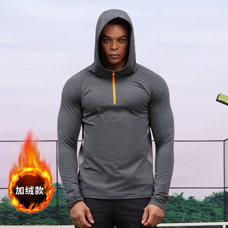 Men's fleece sports sweater autumn and winter hooded semi-zipper gym wear outdoor casual tights windproof sportswear