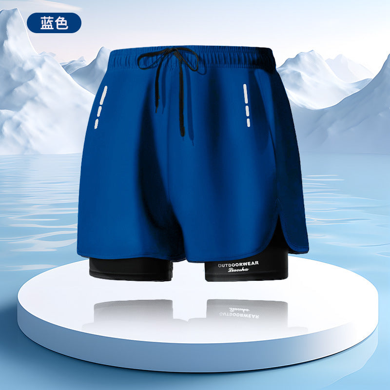 Sports shorts men's loose five-point lined double-layer fake two-piece outdoor swimming running shorts men's autumn wholesale