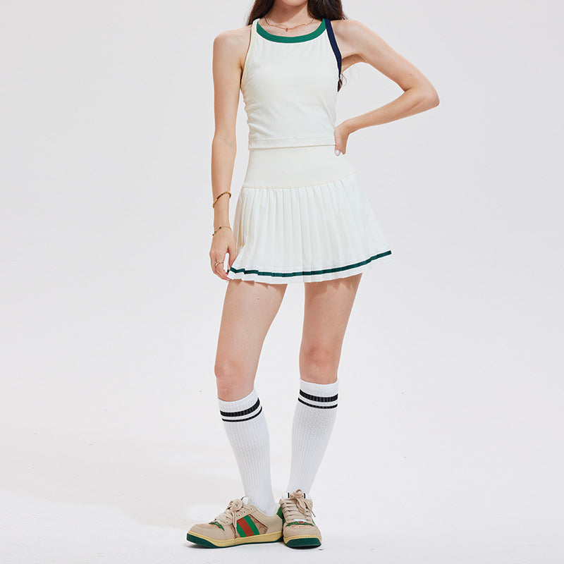 Cross-border new shockproof gathering sports underwear integrated contrasting color fitness bra breathable nude tennis suit set