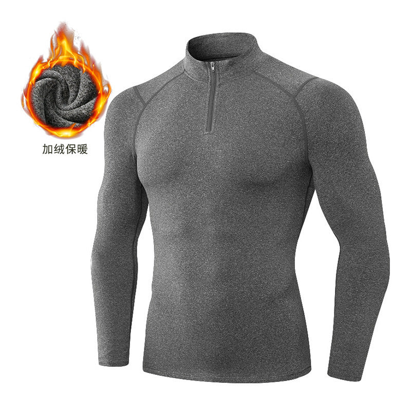 Cross-border autumn and winter solid color velvet gym clothes high elastic tight stand-up collar half zipper men's T-shirt outdoor running sportswear