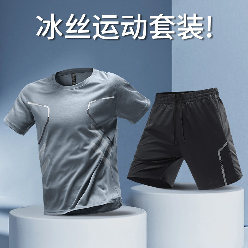 Ice silk sportswear suit men's running quick-drying clothes t-shirt short-sleeved shorts summer fitness football training clothes equipment