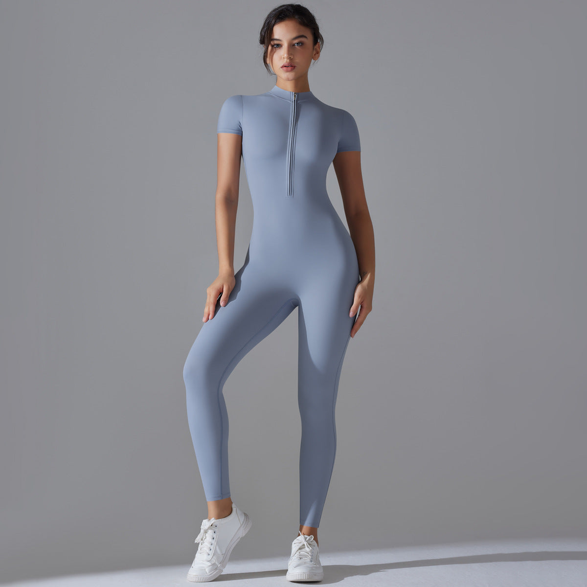 European and American nude zipper short-sleeved yoga clothes onesie quick-drying breathable outdoor sports tight onesie fitness clothes
