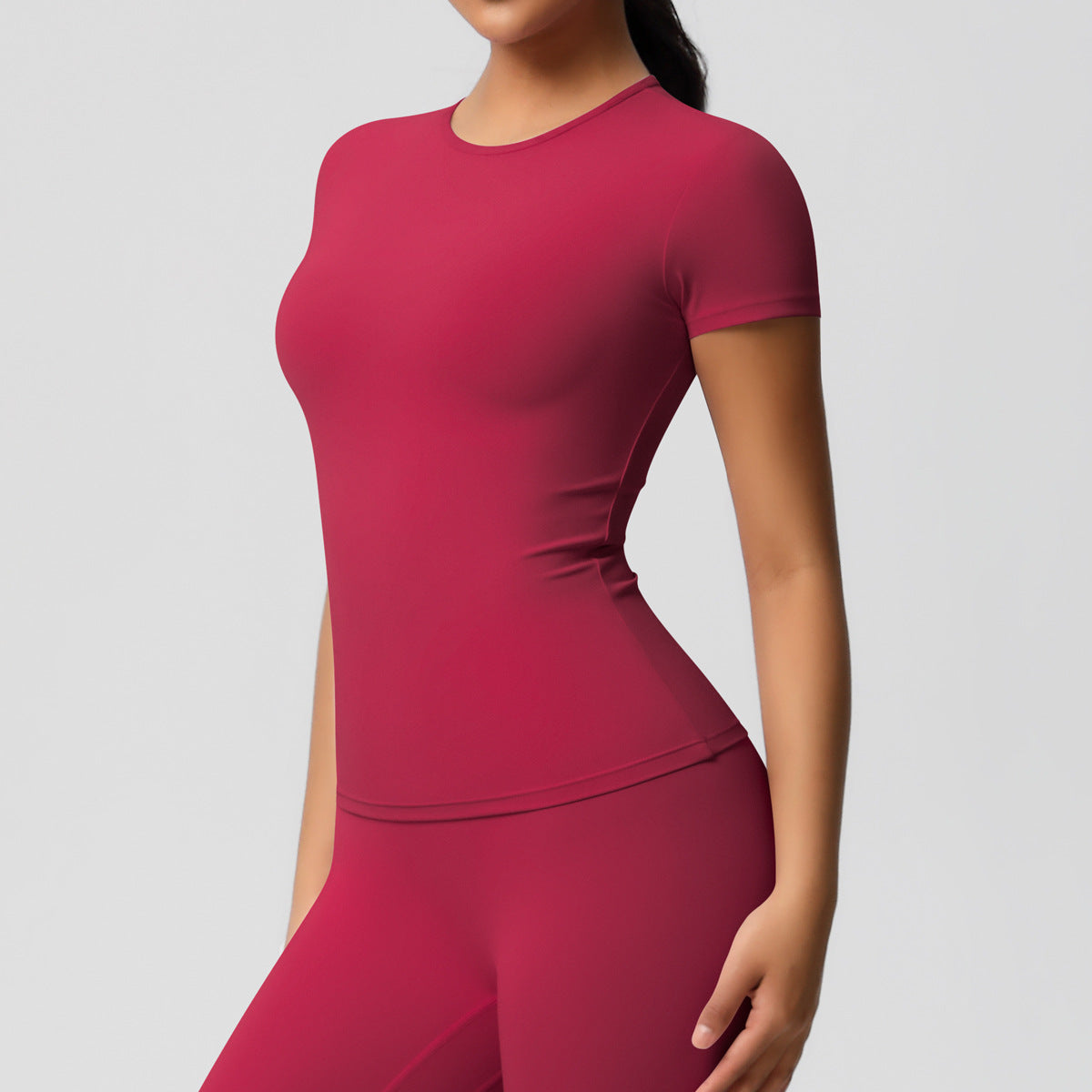 Cross-border European and American yoga pants solid color long-sleeved skin-friendly and breathable back sports short-sleeved slim and thin fitness pants set