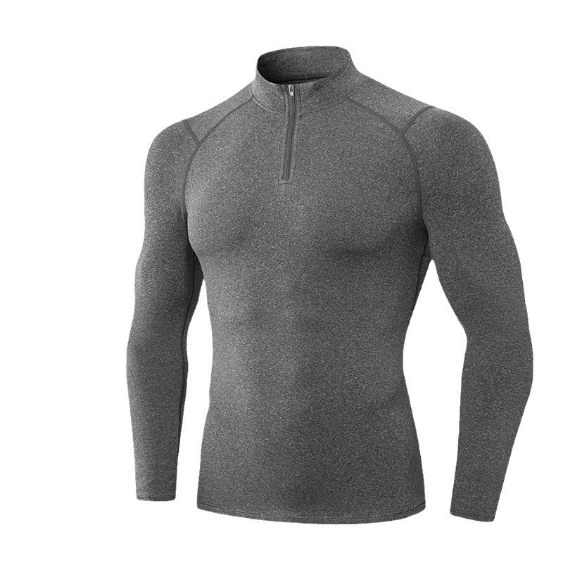 Cross-border autumn and winter solid color velvet gym clothes high elastic tight stand-up collar half zipper men's T-shirt outdoor running sportswear