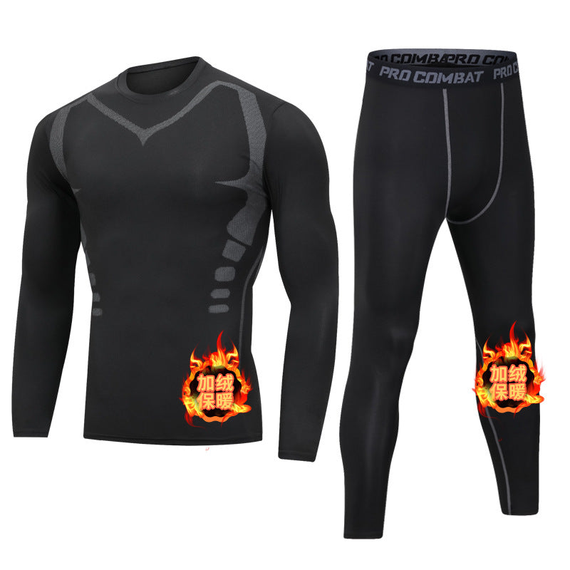 Home fitness clothes men's autumn and winter velvet warm suit tights running quick-drying clothes long sleeves sports outdoor