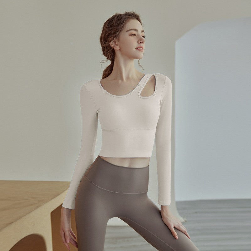 Gym Pilates training yoga T-shirt with chest pad women's autumn running top quick-drying sportswear long sleeves