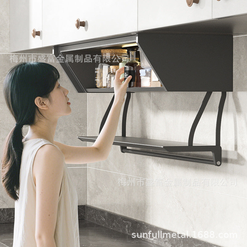 Pull down the hanging cabinet, storage box, hidden seasoning box at the bottom of the cabinet, turn down the basket, kitchen vegetable preparation rack, double-layer folding