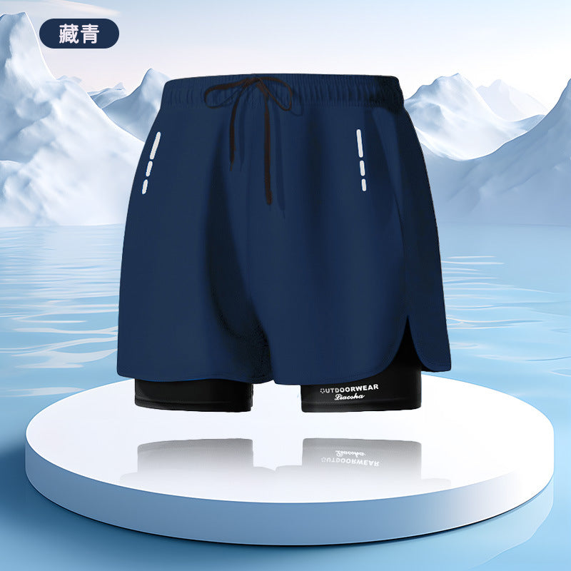 Sports shorts men's loose five-point lined double-layer fake two-piece outdoor swimming running shorts men's autumn wholesale