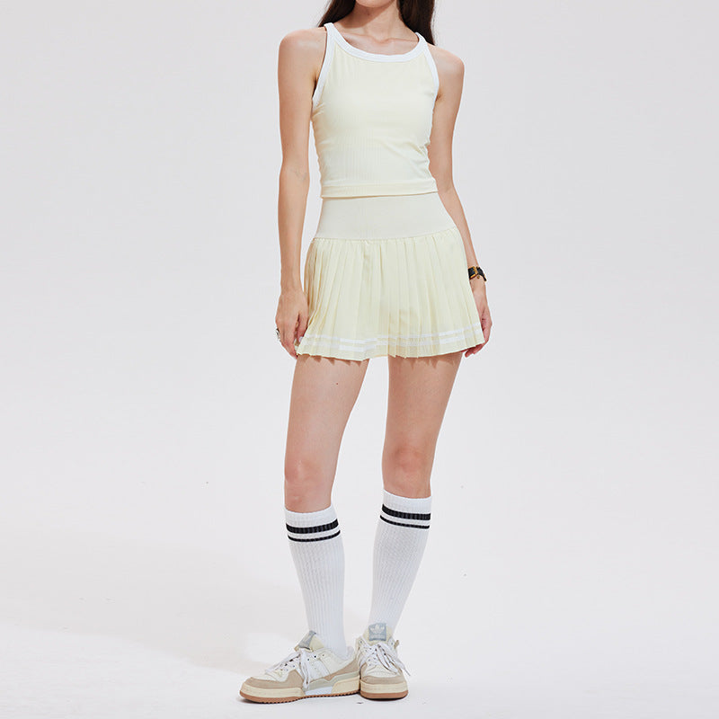 Cross-border new shockproof gathering sports underwear integrated contrasting color fitness bra breathable nude tennis suit set