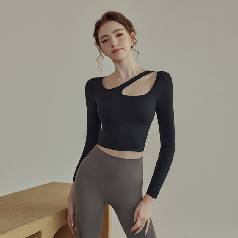 Gym Pilates training yoga T-shirt with chest pad women's autumn running top quick-drying sportswear long sleeves