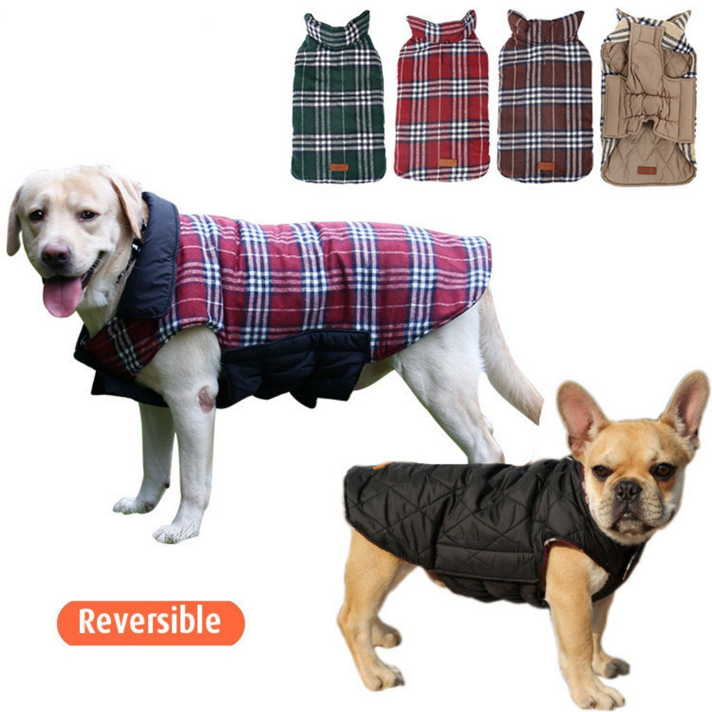 Factory direct sales autumn and winter dog clothes plaid waterproof jacket can be worn on both sides big dog golden hair clothes spot wholesale