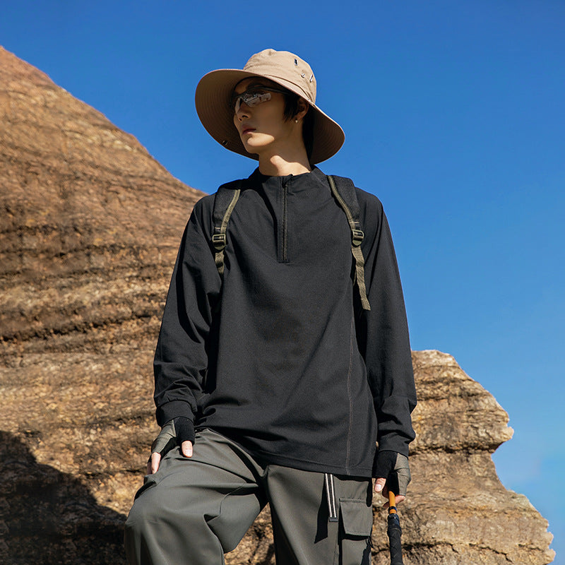 American outdoor semi-zipper quick-drying long-sleeved t-shirt men's summer loose sports sunscreen breathable boys on clothes