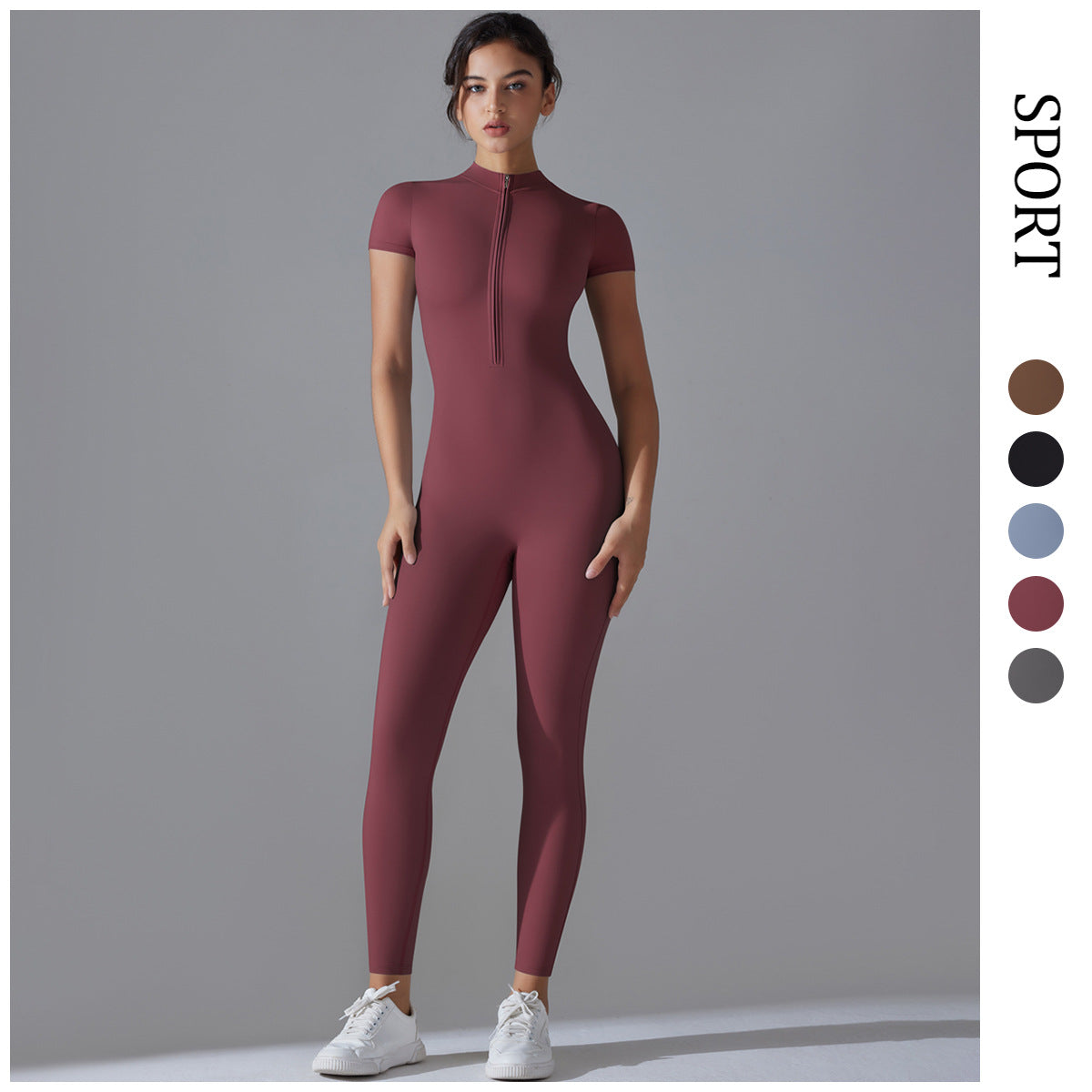 European and American nude zipper short-sleeved yoga clothes onesie quick-drying breathable outdoor sports tight onesie fitness clothes
