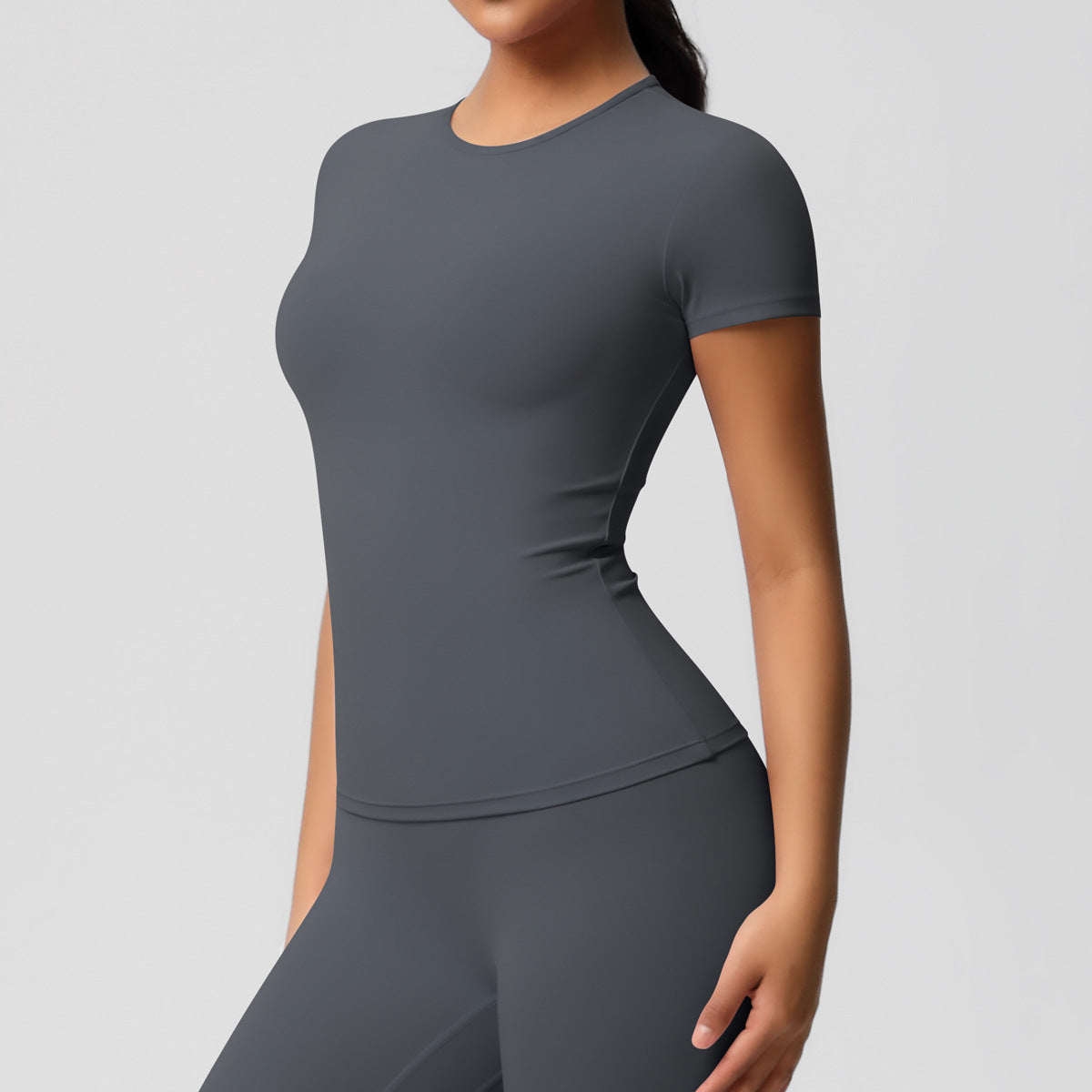 Cross-border European and American yoga pants solid color long-sleeved skin-friendly and breathable back sports short-sleeved slim and thin fitness pants set