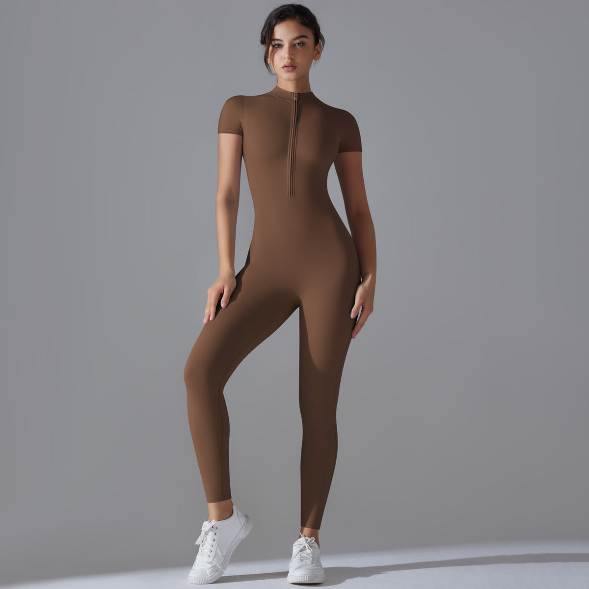 European and American nude zipper short-sleeved yoga clothes onesie quick-drying breathable outdoor sports tight onesie fitness clothes