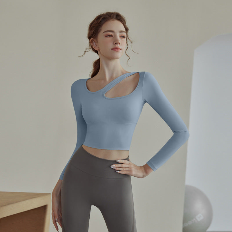 Gym Pilates training yoga T-shirt with chest pad women's autumn running top quick-drying sportswear long sleeves