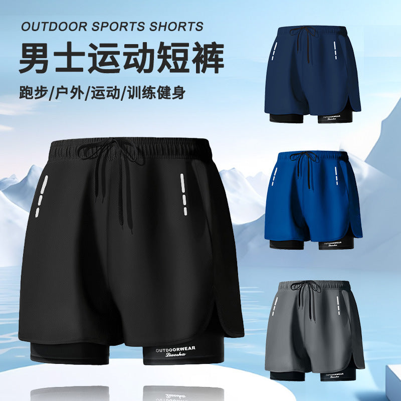 Sports shorts men's loose five-point lined double-layer fake two-piece outdoor swimming running shorts men's autumn wholesale