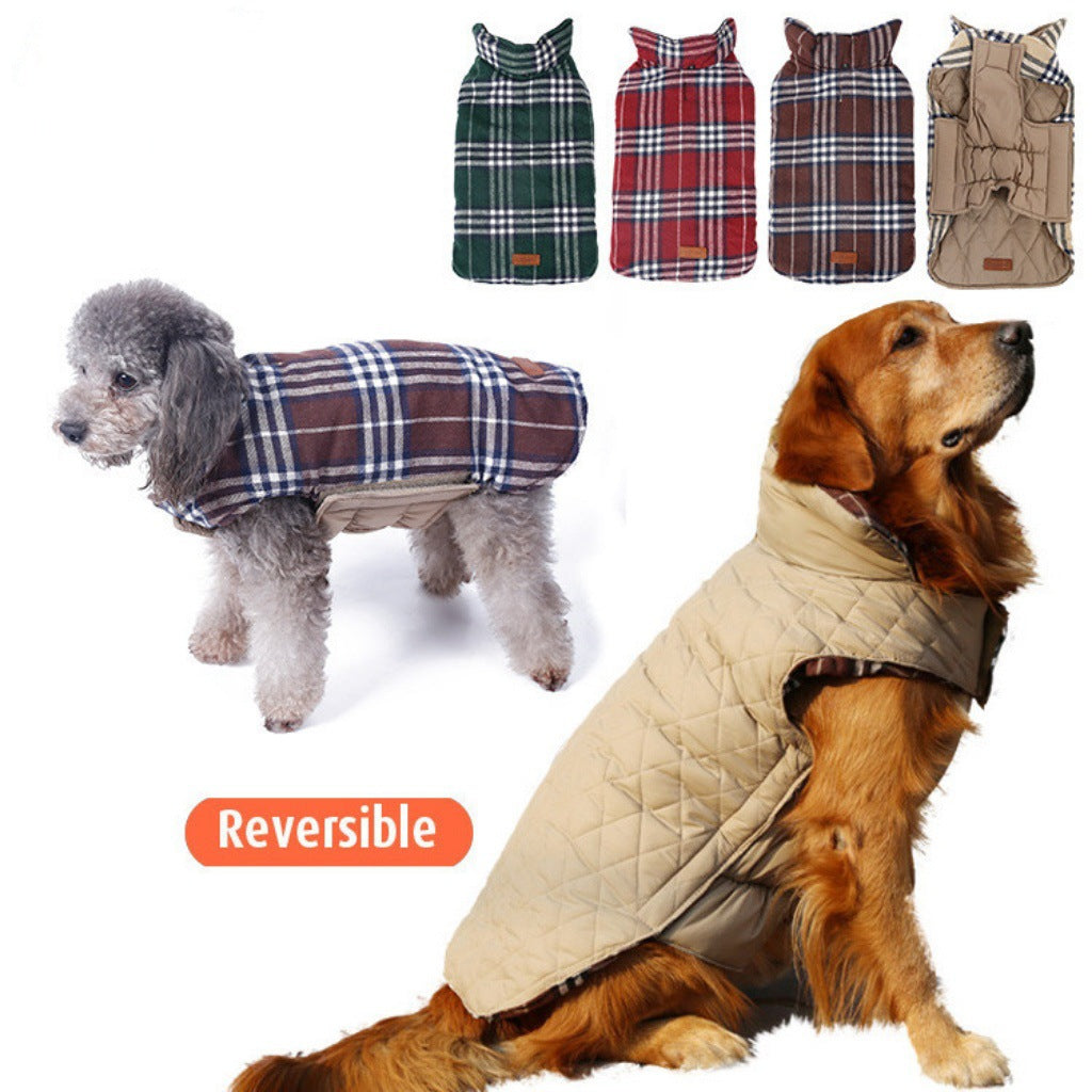Factory direct sales autumn and winter dog clothes plaid waterproof jacket can be worn on both sides big dog golden hair clothes spot wholesale